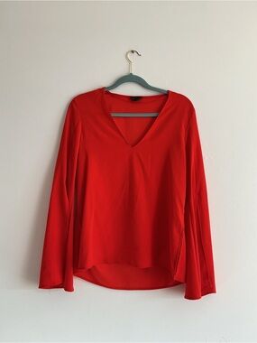 Topshop Red V-Neck Long-Sleeve Blouse